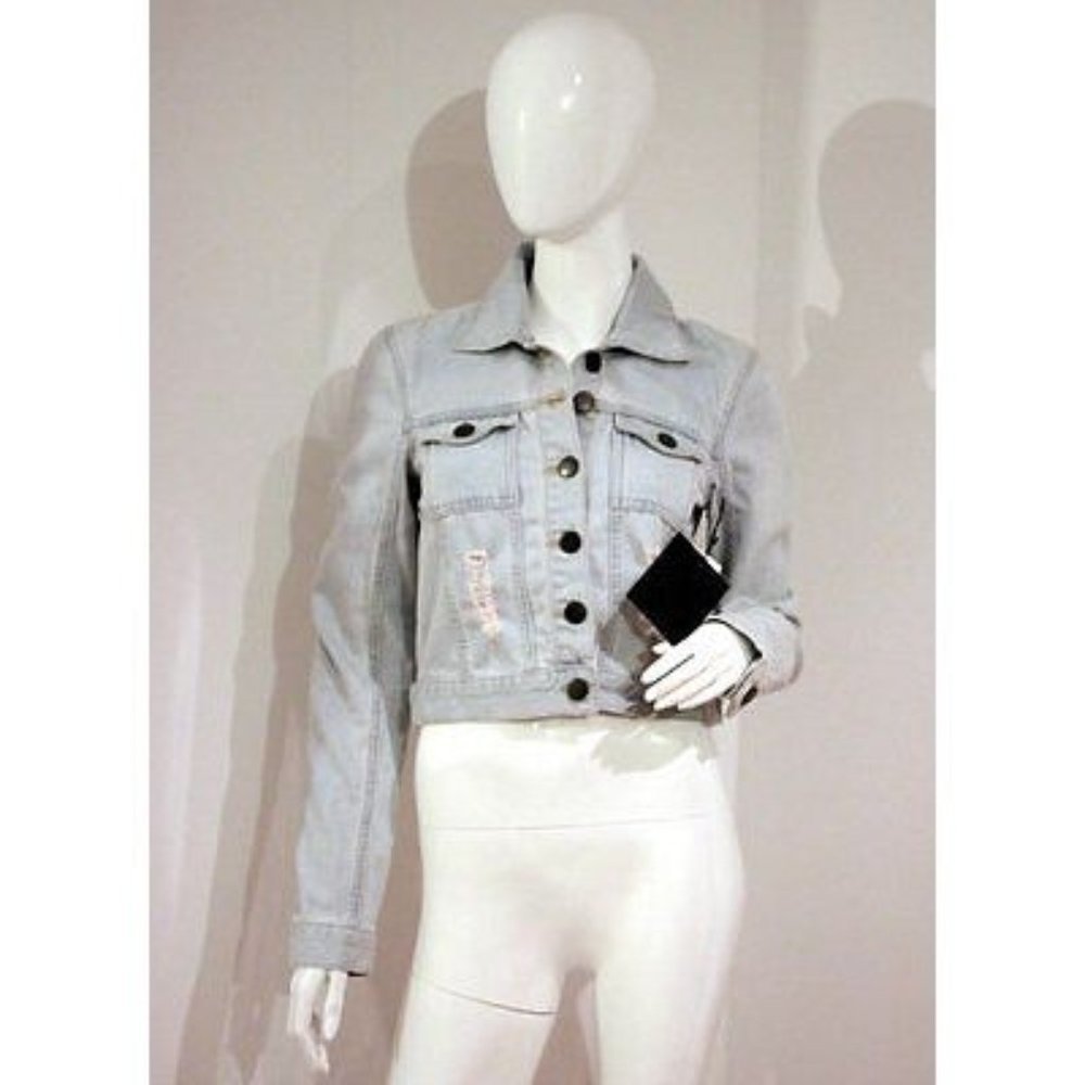 $200 GESTUZ Short JEANS Denim JACKET Cropped DISTRESS Torn RIP BLUE ( 36  )